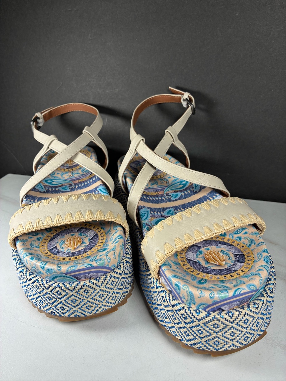Kurt Geiger London Chelsea Cream & Blue Patterned Platform Strappy Sandals